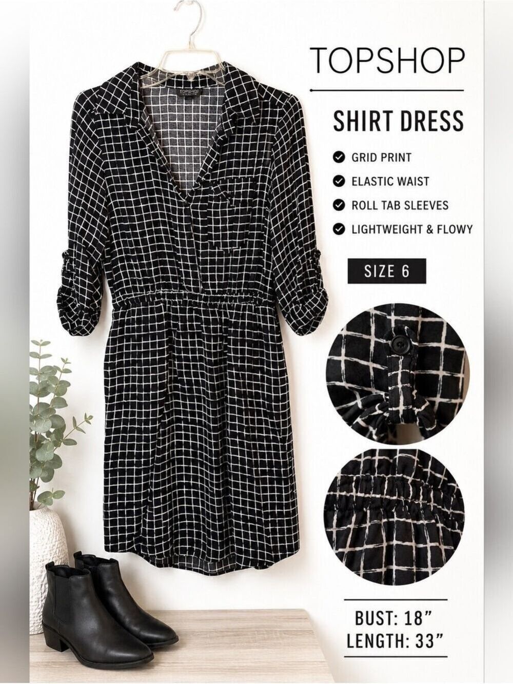 Topshop Black White Grid Print Shirt Dress Elastic Waist Roll Tab Sleeves Size 6